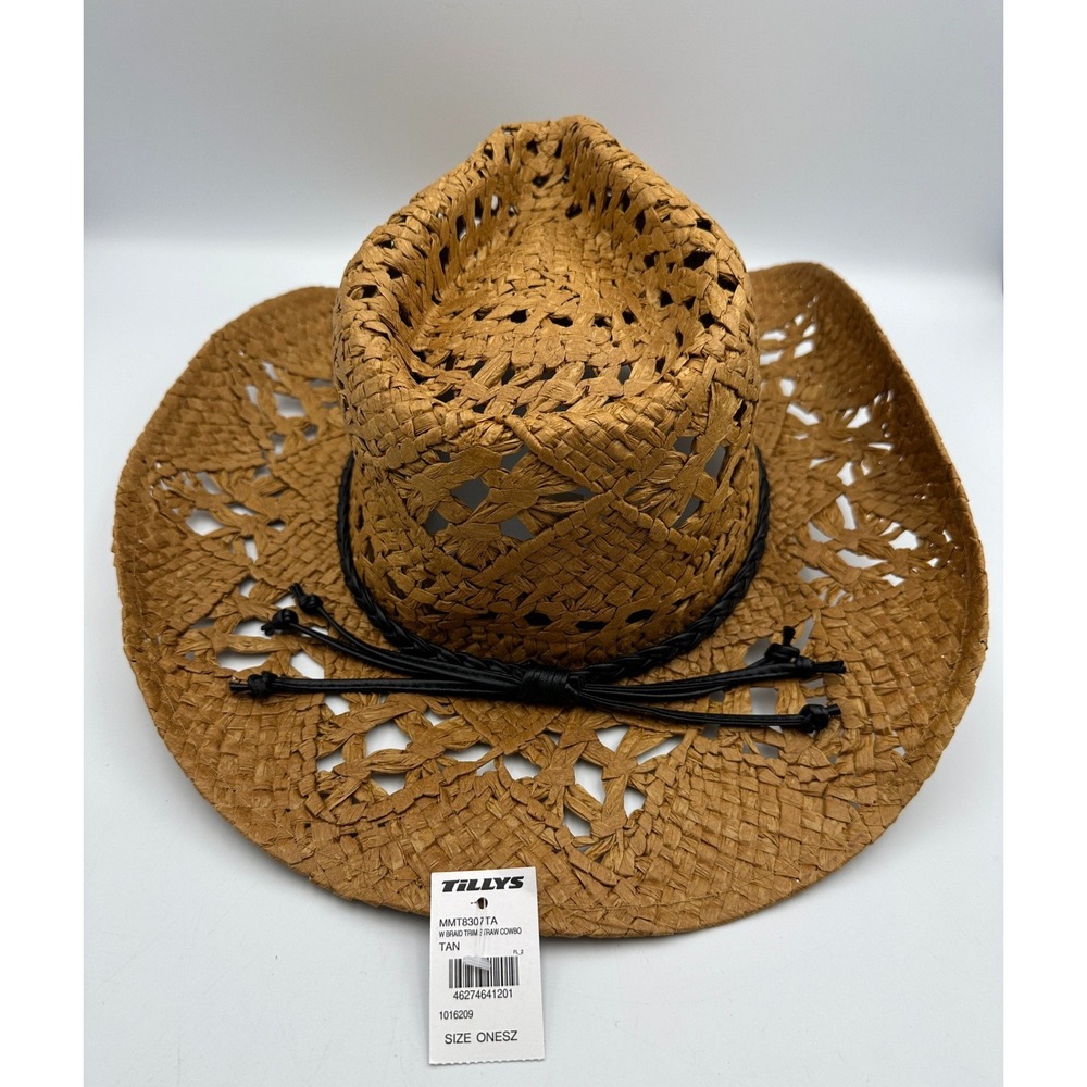 NWT Tillys Cowboy Hat OS Tan Straw Braided Trim Western Boho Coastal Cowgirl
